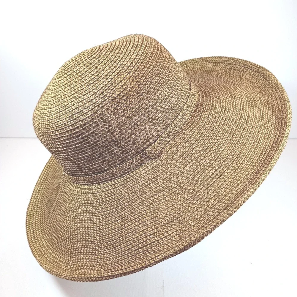 Nine West Wide Brim Sun Hat Bronze Gold Metallic Woven Straw Floppy Summer